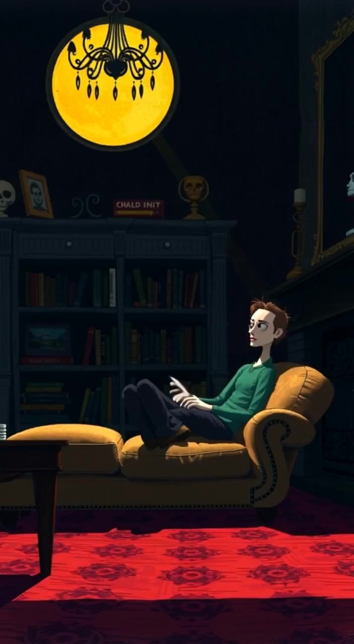The person gently shifts position, lost in thought, as shadows dance across the dark living room.