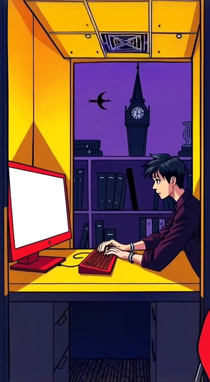 The person gently types on the keyboard, focused intently on the glowing computer screen in their small cubicle.