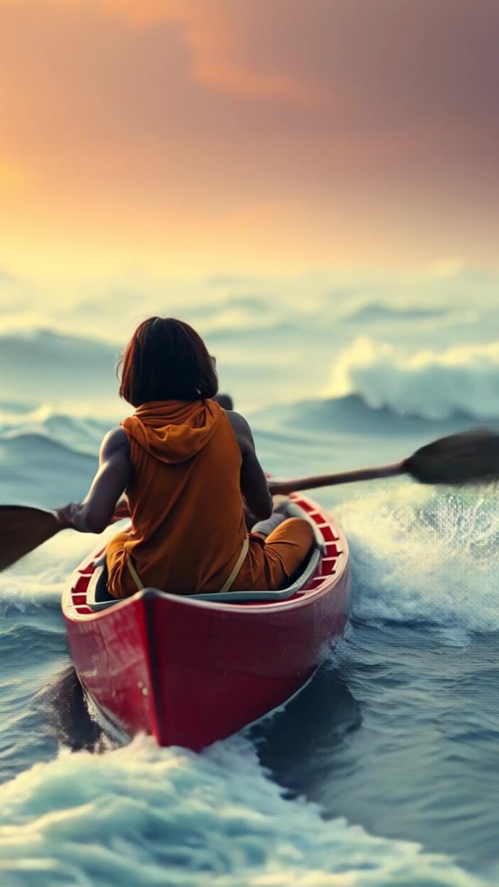 Subject: An early human paddling a canoe. Subject movement: Struggling against turbulent waters, the individual vigorously paddles to navigate the choppy waves. Scene: A dramatic stretch of turbulent water under an overcast sky. Style: Diffused, moody lighting enhances the sense of struggle and urgency. Motion: The camera tracks in close as the canoe bobs and sways, capturing the splashes of water and the determination of the paddler.