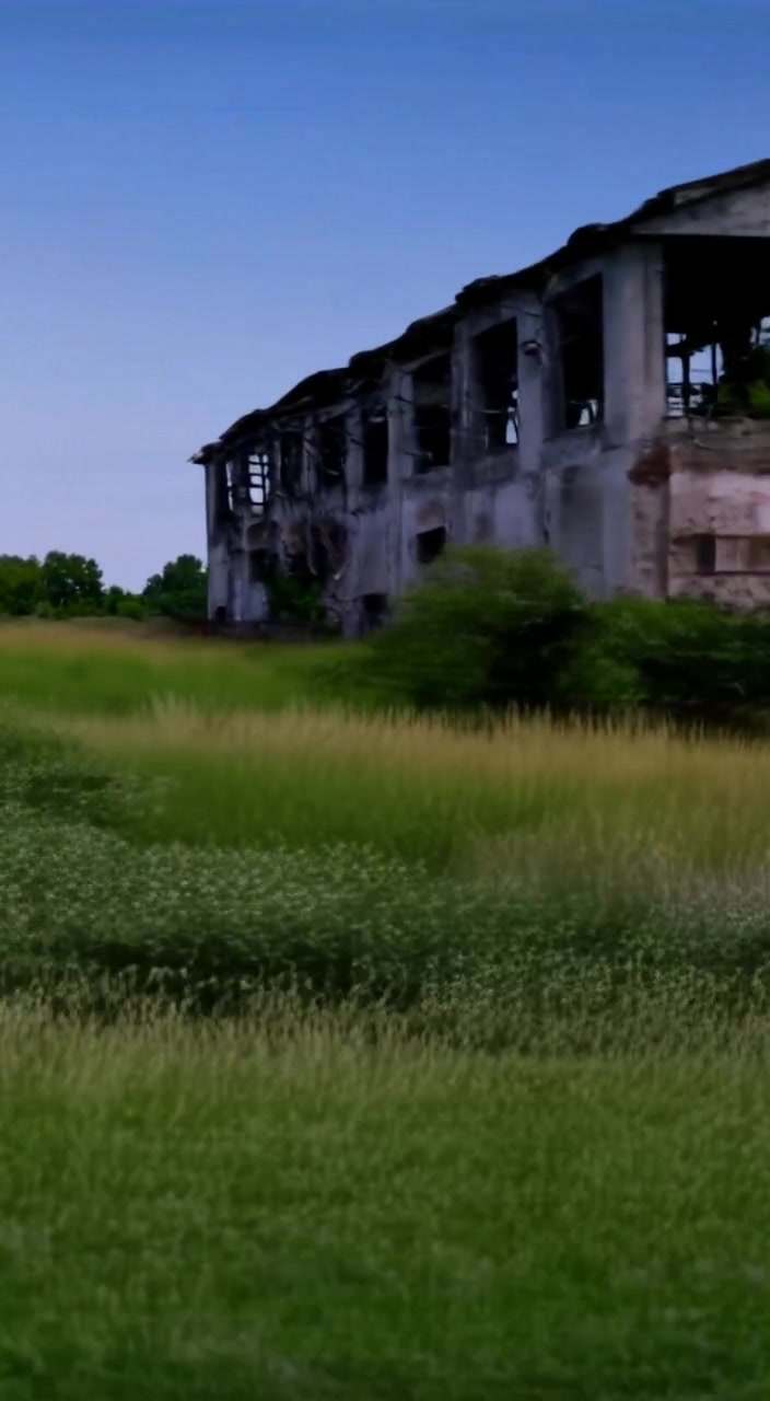 A car drives gently past an overgrown, abandoned textile mill with broken windows in the fading light.