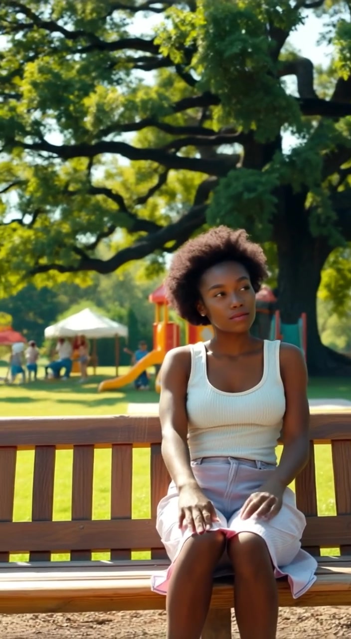 Nia sitting on a park bench, looking thoughtfully at a playground with lush green trees in the background.
