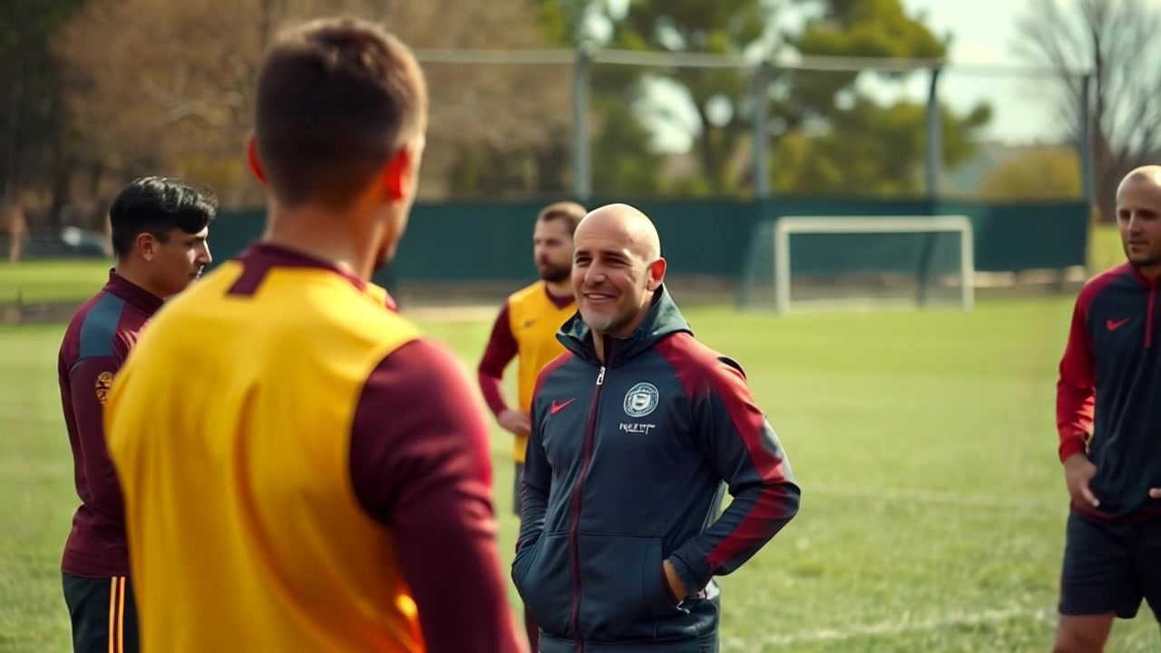 Scene: A physical trainer conducting a fitness assessment with players on a vibrant training pitch, surrounded by green grass and distant goalposts. Style: Bright, midday lighting enhancing the energy of the scene, creating a lively atmosphere. Motion: The camera smoothly tracks alongside the trainer as they interact with players, capturing moments of guidance and effort, providing a dynamic view of the assessment in action.