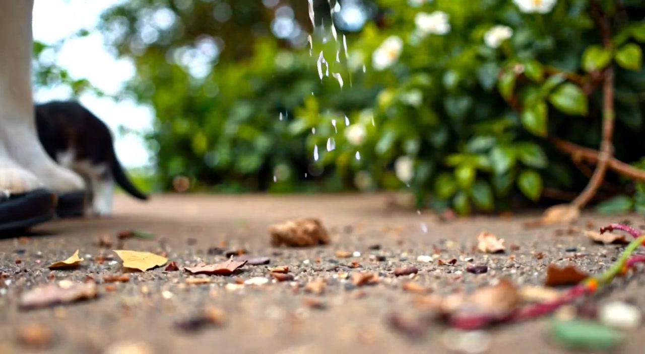 A gentle breeze rustles the lush greenery as the animal's paw print subtly fills with rainwater.