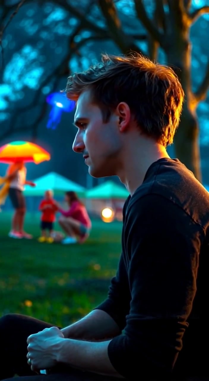 The man gazes thoughtfully as children play joyfully in the sunny park, laughter echoing gently in the background.