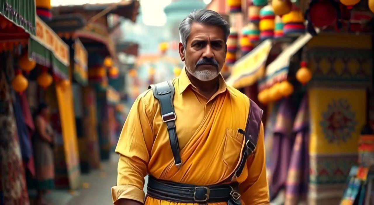 The man strolls confidently down the vibrant Indian street, surrounded by colorful shops and lively market scenes.