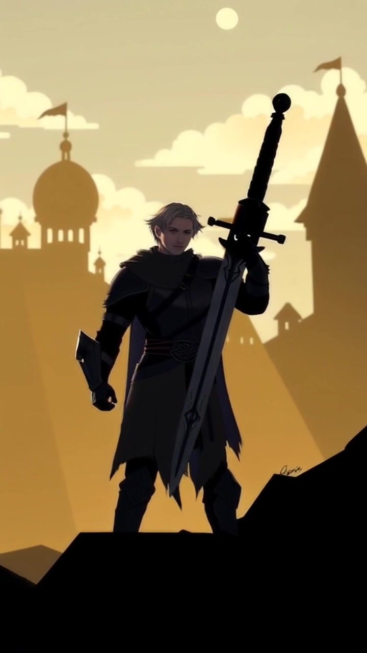 Subject: A confident figure in armor holding a sword, standing boldly in front of a kingdom. Subject movement: The figure strides forward with determination, sword raised slightly in a commanding stance. Scene: A sprawling medieval kingdom, with majestic castles and rolling hills in the background, bathed in the warm glow of late afternoon light. Motion: Camera pushes in smoothly from a wide shot, capturing the grandeur of the kingdom and framing the armored figure as they advance with purpose, evoking a sense of heroism.