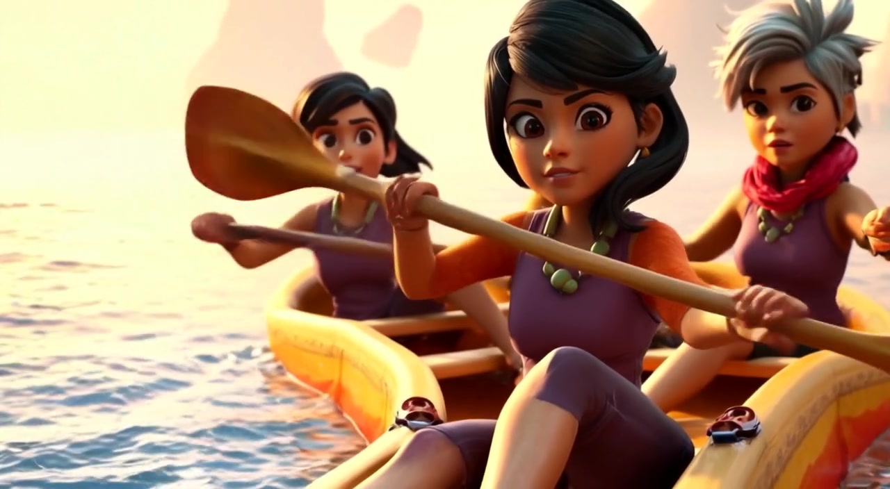 The woman paddles urgently in the boat, guiding the group through choppy waters as sunlight glints off the waves.