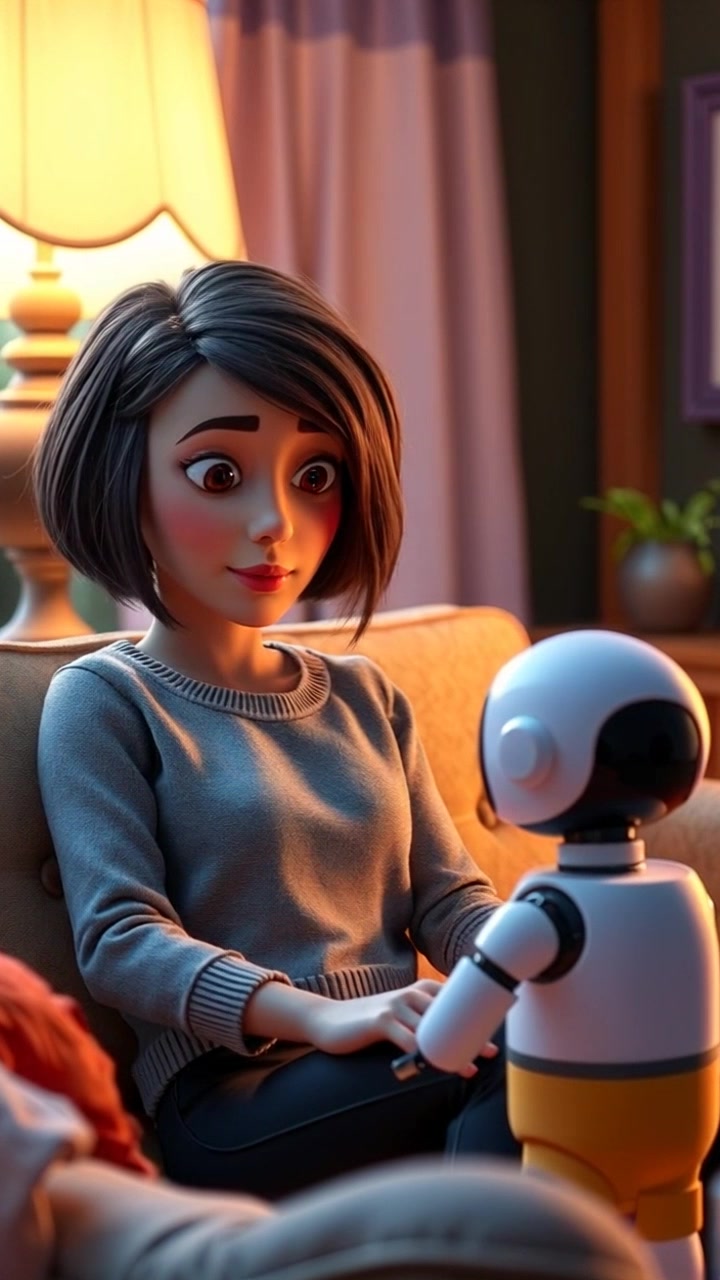 Sara, sitting on a couch in a cozy living room, looks at Mikro as it powers on. Slowly zoom in on Sara's expression of curiosity and joy as she watches Mikro. Soft ambient lighting enhances the warm and inviting atmosphere of the room.