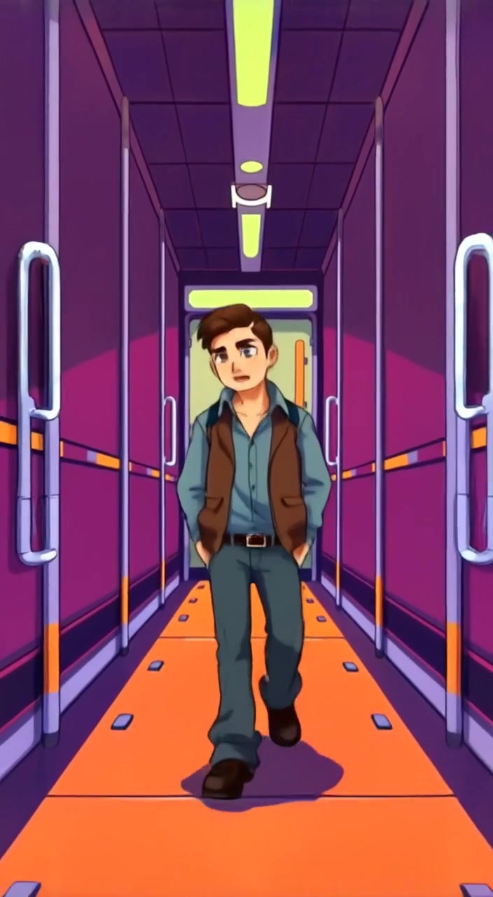 A passenger carefully walks down the narrow aisle of the truck, glancing at the surroundings with a cautious demeanor.