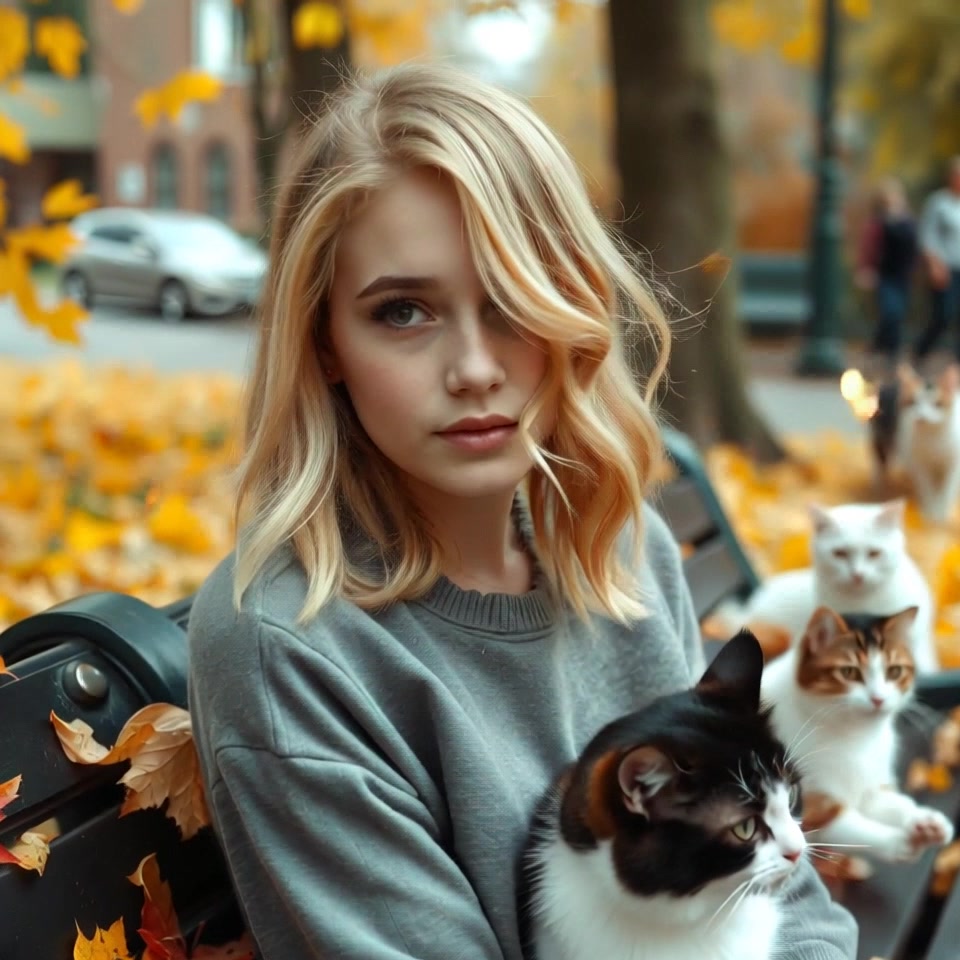 Subject: A contemplative girl sitting on a park bench. Subject movement: The girl slowly looks up from her thoughts, gazing around as leaves gently drift down around her. Scene: A tranquil park bench surrounded by vibrant autumn leaves, with a blur of colorful foliage in the background. Style: Soft, ambient lighting with warm tones highlighting the autumn colors. Motion: The camera performs a gentle push-in towards the girl, focusing on her expression, while the leaves continue to fall gracefully around her, creating a serene atmosphere.
