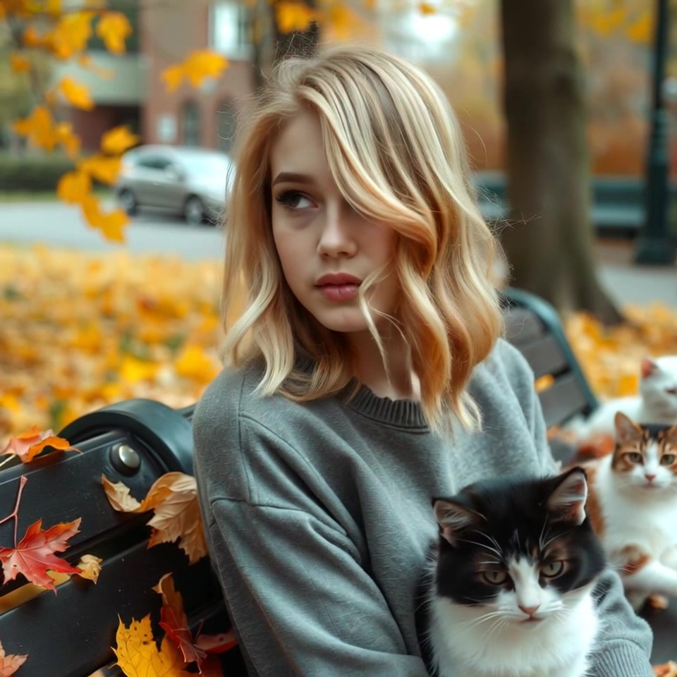 Subject: A contemplative girl sitting on a park bench surrounded by vibrant autumn leaves. Subject movement: She shifts her gaze from the ground to the colorful foliage, deep in thought. Scene: A tranquil park setting filled with golden-brown autumn leaves scattered around the bench. Style: Soft, diffused morning light creating a warm and calming atmosphere. Motion: The camera gently pushes in for a close-up on her face, capturing her expression as she reflects, with leaves softly rustling in the breeze.