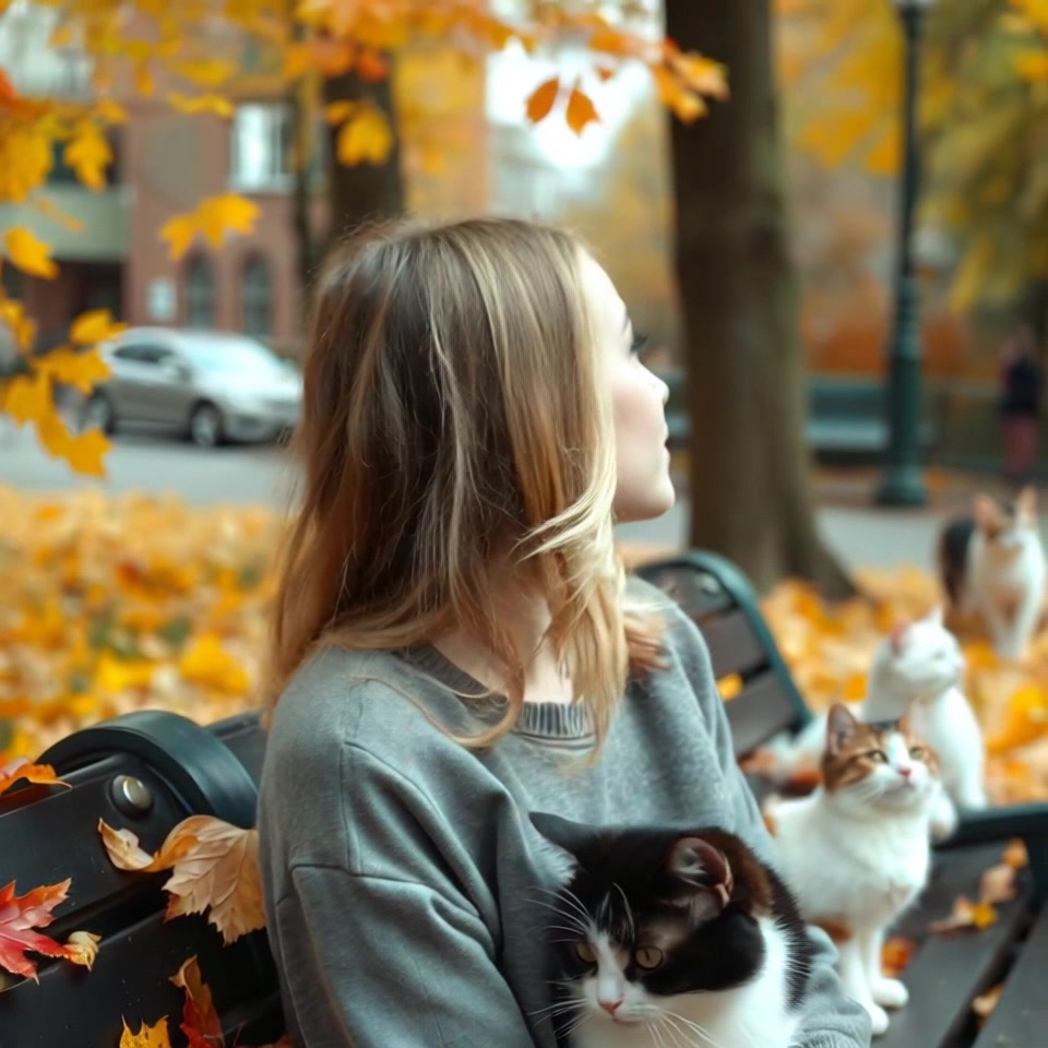 Subject: A contemplative girl sitting on a park bench. Subject movement: She tilts her head thoughtfully, glancing up at the vibrant autumn leaves above. Scene: The girl is nestled amidst a picturesque park, with a carpet of colorful leaves surrounding her. Style: Soft, natural lighting filtering through the branches, creating a warm and inviting atmosphere. Motion: The camera does a gentle push-in, capturing the intricate details of the leaves and the girl's expression, before panning to reveal the enchanting autumn scenery.