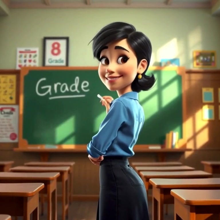 The woman writes 'Grade 8' gently on the chalkboard, chalk dust floating softly in the air.