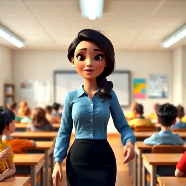The woman gently gestures towards the students while a soft light fills the classroom.