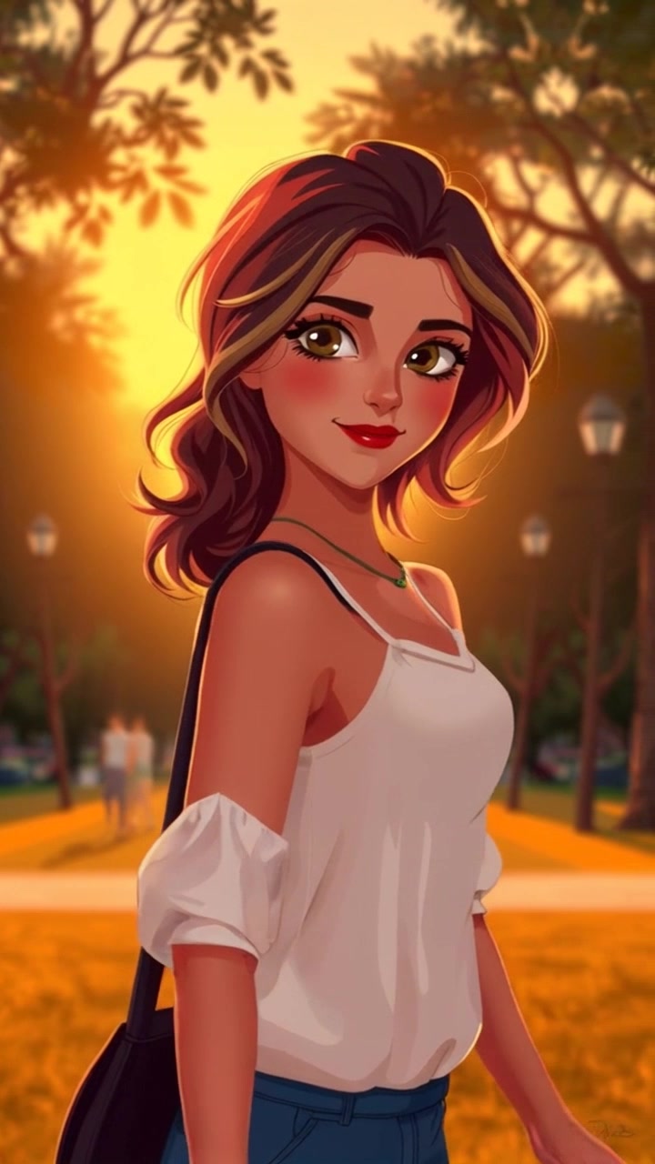 Subject: A figure walking back through a park. Subject movement: Dolores walks with a relaxed pace, glancing back over her shoulder. Scene: A sunlit park with trees silhouetted against a warm sunset, casting long shadows and creating a serene atmosphere. Motion: The camera gently tracks her movement from a side angle, capturing the glow of the setting sun filtering through the leaves. Lighting: Warm, golden light enhancing the tranquil scene. Atmosphere: Inviting and peaceful.