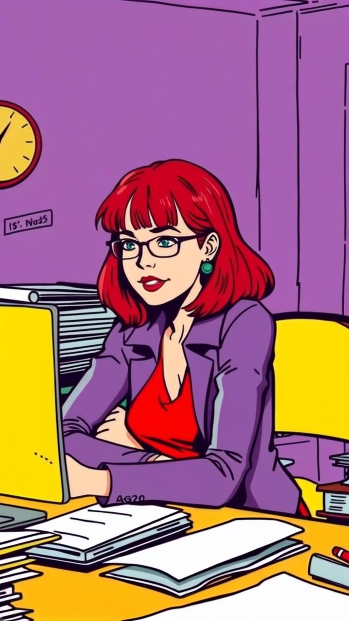 Scene: An office worker sitting at a cluttered desk, deeply focused on her computer screen, surrounded by stacks of papers and office supplies. Style: Soft, ambient lighting creating a warm and busy atmosphere. Motion: Camera slowly zooms in on the worker, capturing her intense concentration as she types, with the clutter in the foreground adding depth to the scene.