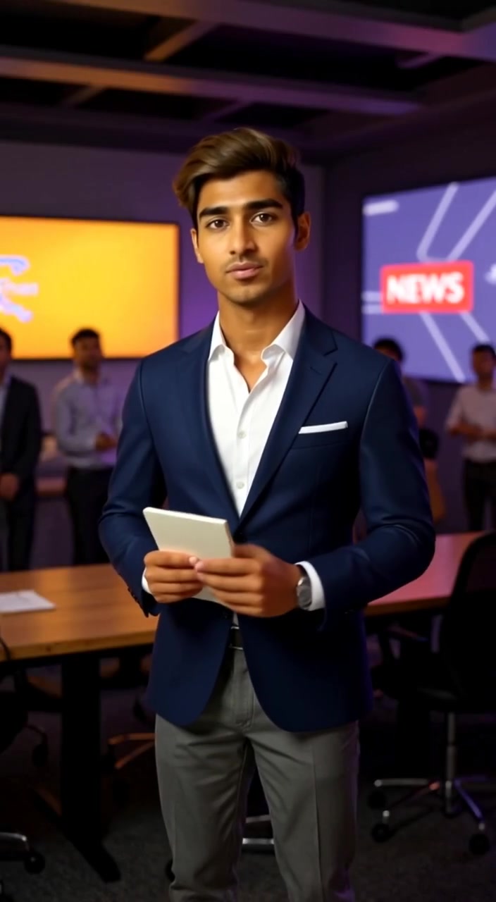 The man adjusts his notes with focused expression, glancing up at the vibrant news channel logo on the screen.