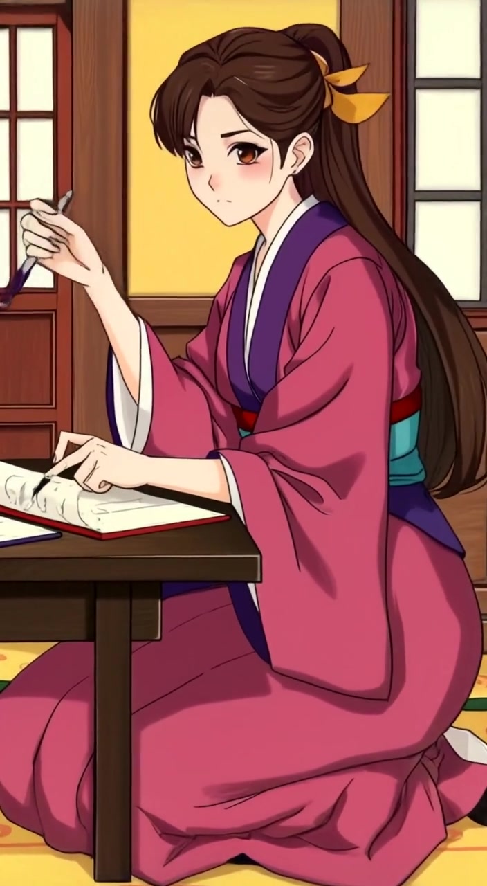 The woman gently dips the brush into ink, slowly moving it across the rice paper.