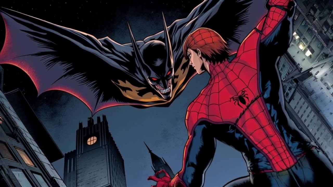 Subject: A bat with glowing red eyes in mid-air approaching Spider-Man, showcasing sleek black wings and a menacing posture. Subject Movement: The bat is in motion, flying towards Spider-Man with purpose. Scene: Urban rooftop at night, with Spider-Man crouched in a defensive stance, surrounded by city lights and a dark, brooding atmosphere. Camera Language: Dramatic tracking shot circling around the bat and Spider-Man, capturing the intensity of their impending confrontation. Lighting: Dynamic moonlight casting dramatic shadows and highlights, emphasizing the eerie glow of the bat's eyes. Atmosphere: Tense and suspenseful, setting the stage for a thrilling superhero encounter.