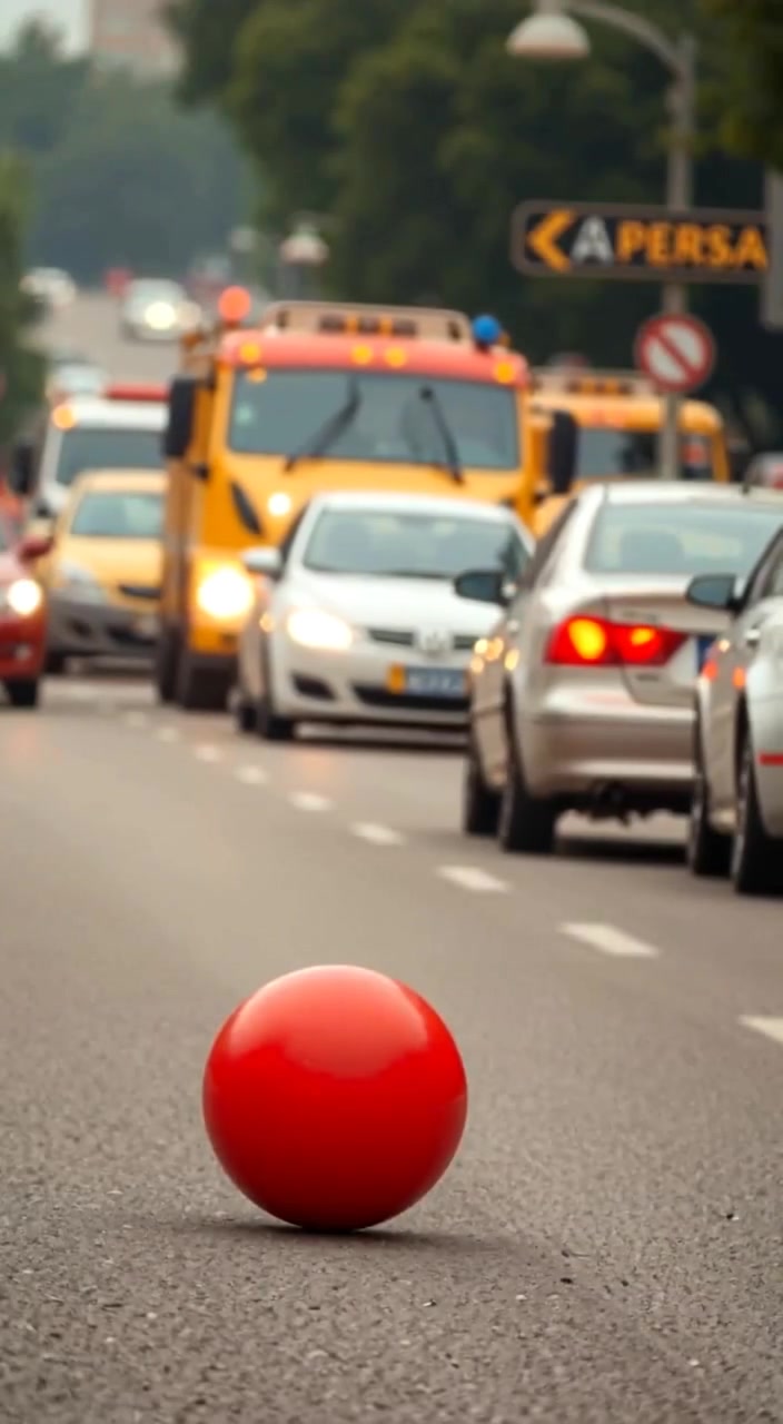 A bright red ball gently rolls into the busy road as cars blur past in the background.