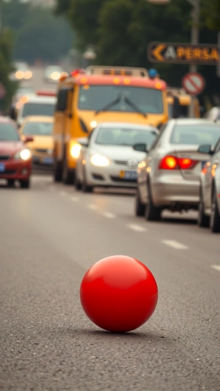 Scene: A bright red ball rolling onto a busy road with a blurred background of passing cars, capturing the chaos of urban life. Style: Daylight illuminating the scene, emphasizing the vibrant color of the ball against the muted tones of the cars. Motion: The camera tracks smoothly as the ball rolls into the road, panning to reveal the rapidly moving vehicles whizzing by, creating a dynamic sense of urgency.