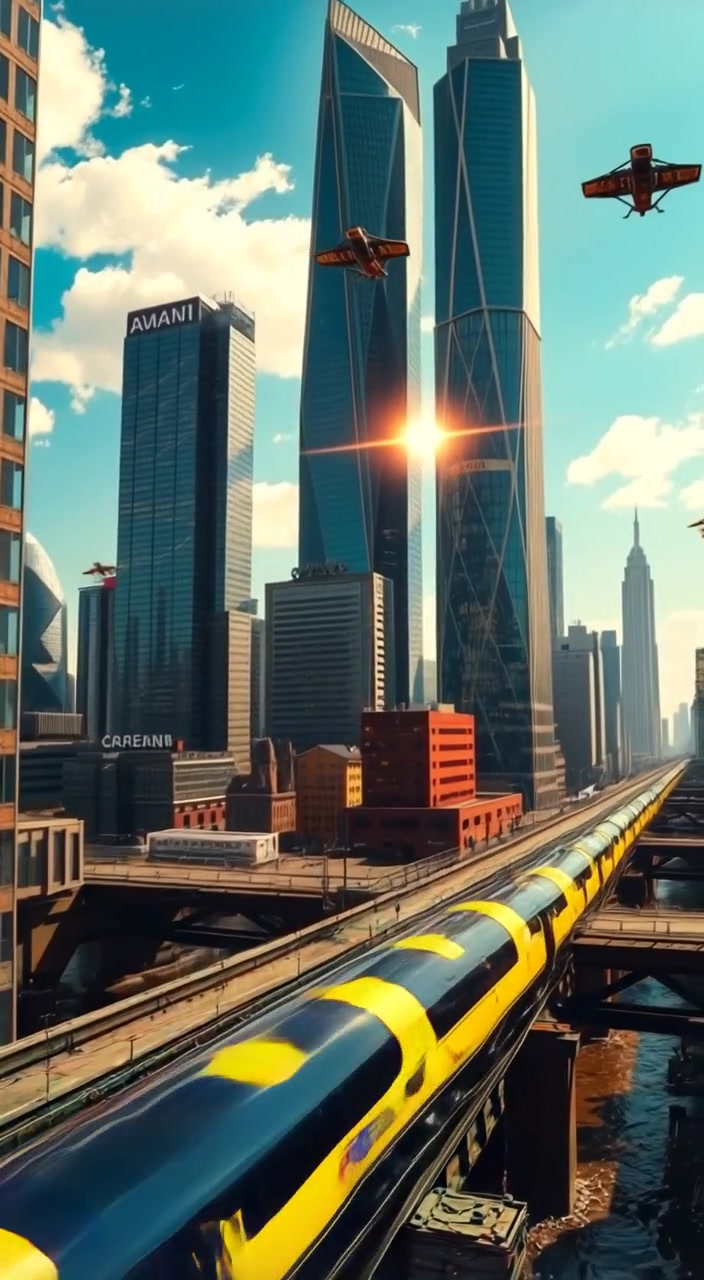 Clouds drift gently overhead as sunlight reflects off the glistening skyscrapers in a bustling cityscape.