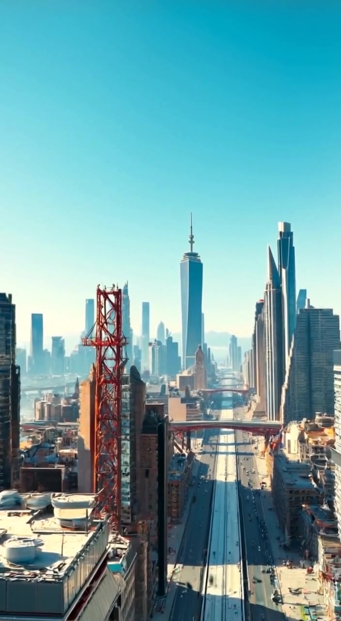 Clouds gently drift across a clear blue sky above a futuristic city skyline, highlighting its innovative architecture.