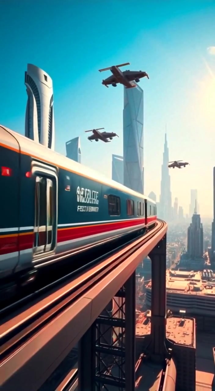 The futuristic train glides smoothly along the elevated magnetic track, with the landscape rushing past in the distance.