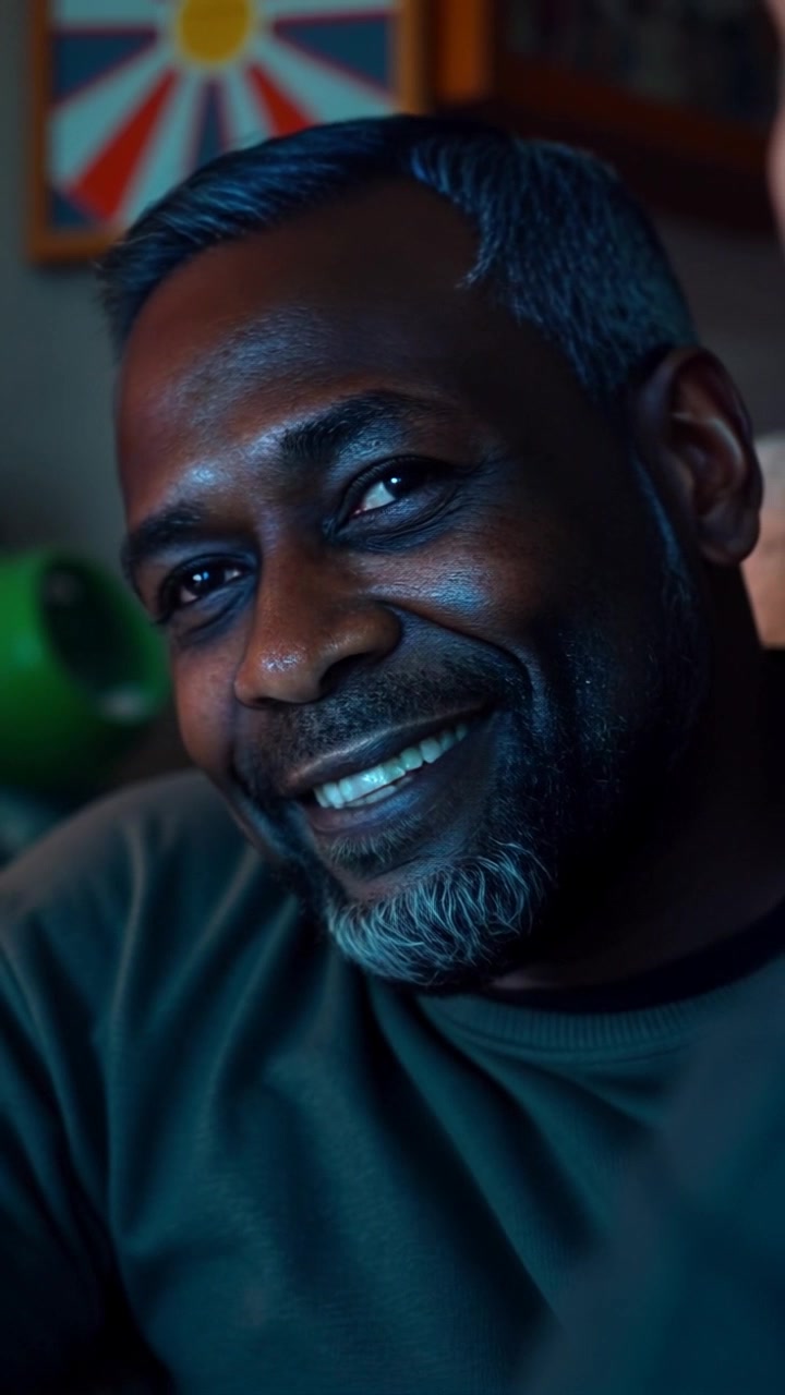 Subject: A father sitting comfortably in a cozy living room. Subject movement: He shifts slightly in his chair, nodding thoughtfully as he listens. Scene: A warm and inviting living room, filled with soft lighting and personal touches like family photos and plush furnishings. Motion: The camera slowly zooms in on his expressive face, capturing the warmth of the moment, before gently pulling back to reveal more of the serene atmosphere surrounding him. Lighting: Soft, warm light illuminating the room, creating a comforting and intimate ambiance.