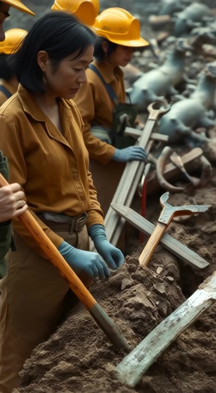 Archaeologists lean over the ground, brushing dirt away to reveal ancient tools at a vibrant excavation site.