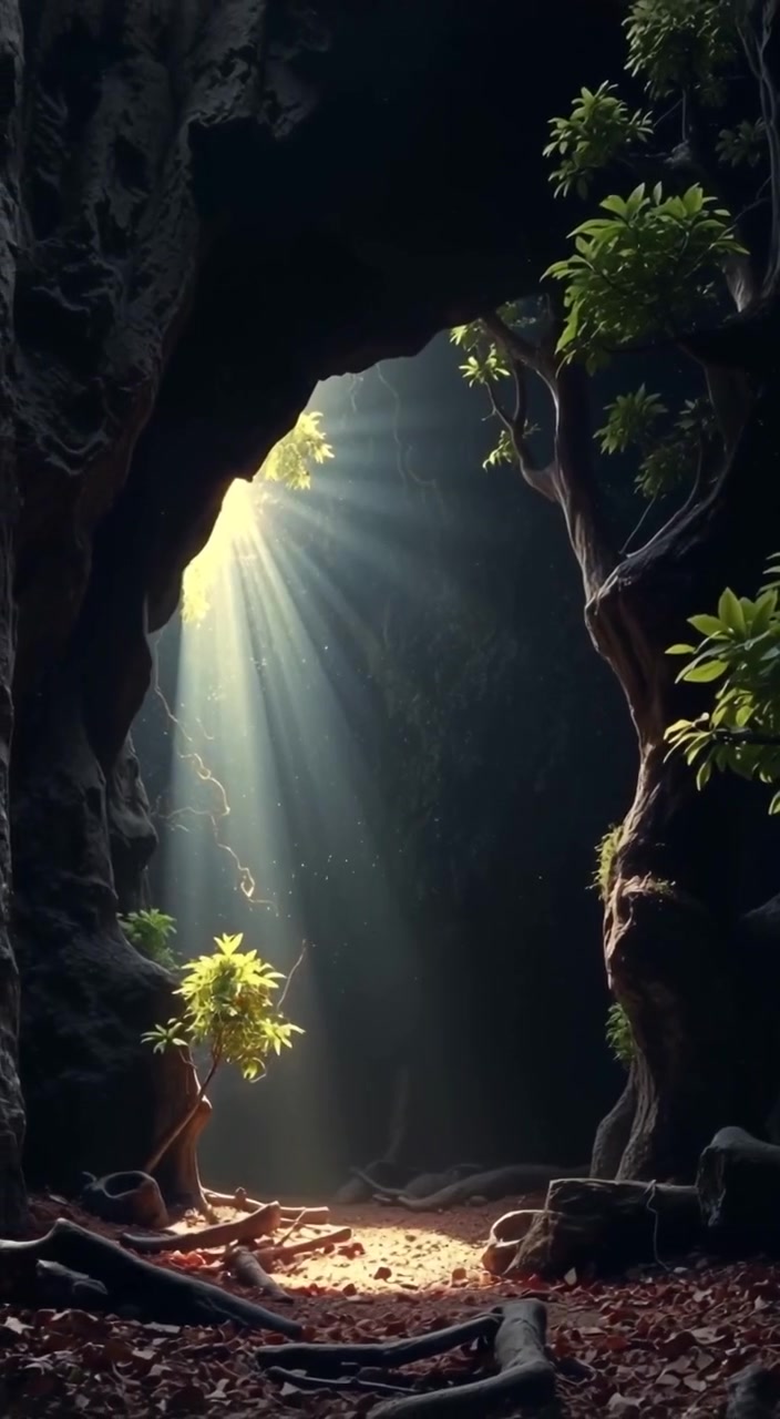 Sunlight gently filters through dense trees, illuminating the entrance of the historical Gua Pawon cave.