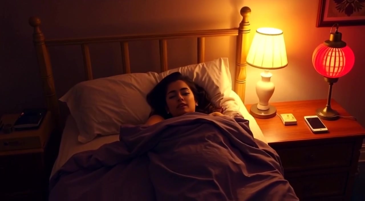 A gentle breeze rustles the curtains, casting shadows over the peacefully sleeping woman in the dimly lit bedroom.