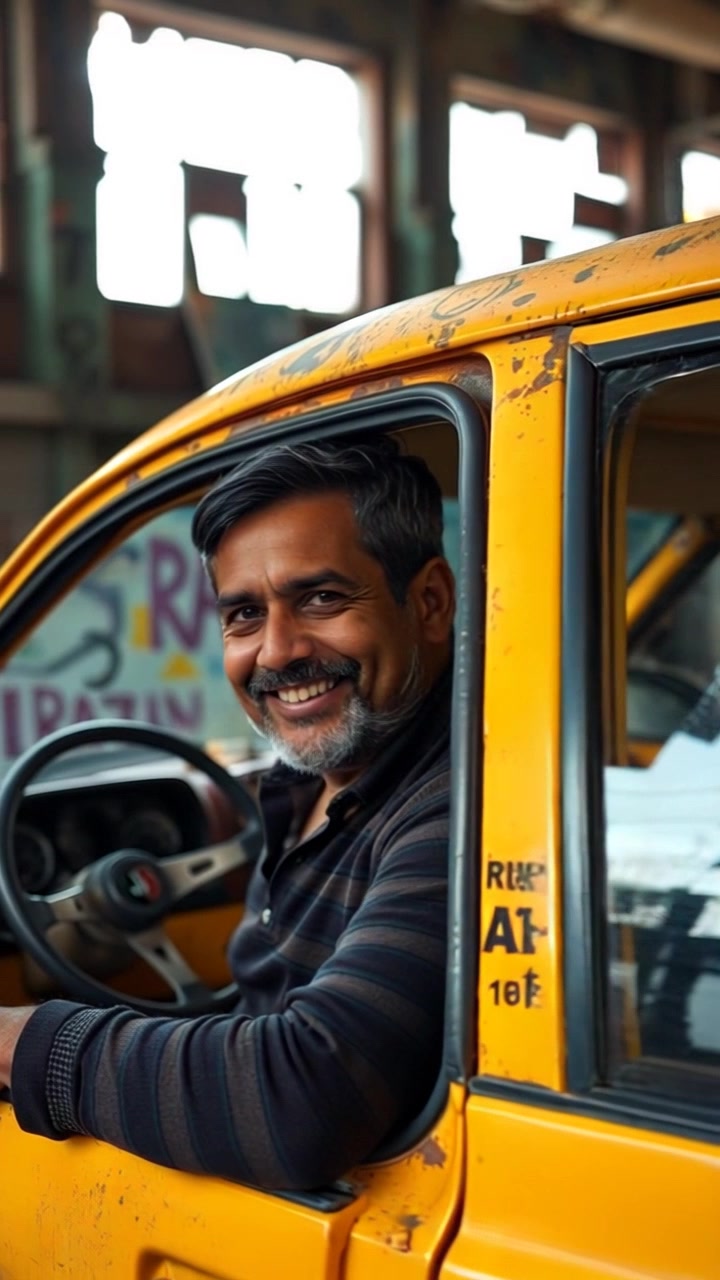 Subject: A middle-aged Arab American man in the driver's seat of a yellow cab. Subject movement: He smiles warmly at the camera, leaning slightly forward in a friendly gesture. Scene: Inside a vibrant yellow cab bustling in a city environment, with glimpses of urban life visible through the windows. Lighting: Natural daylight filtering through the cab's windshield, creating a bright and inviting atmosphere. Motion: Camera begins with a close-up on Ahmed's smiling face, then gently pulls back to reveal the lively streets outside, capturing the essence of city life.
