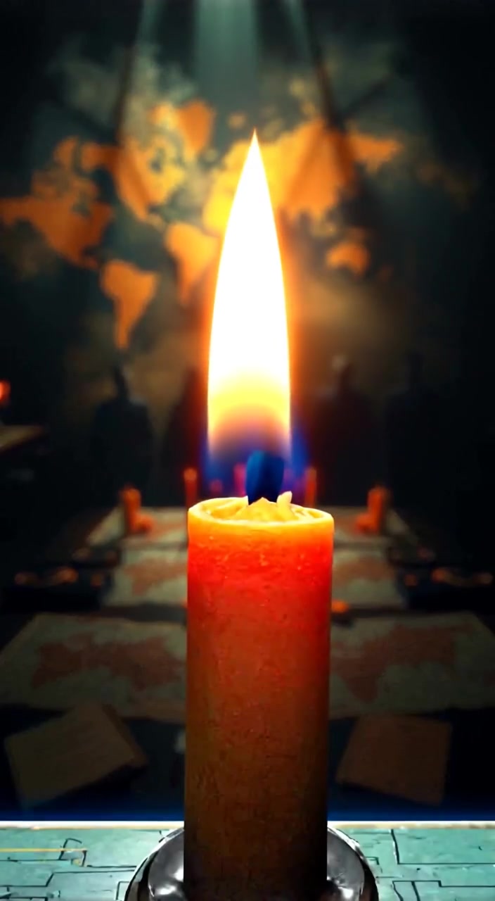 A candle flickers gently, casting moving shadows across maps and documents spread on a large table in a darkened room.