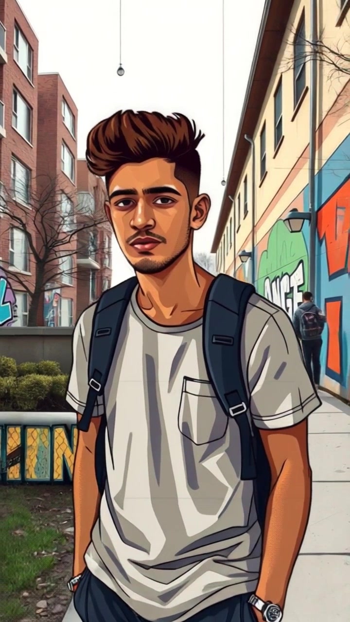 Subject: A young man walking purposefully across a college campus. Subject movement: He strides confidently with a backpack slung over one shoulder, the sun beginning to rise in the background. Scene: The early morning atmosphere on a vibrant college campus, with green lawns and historical buildings catching the soft light. Style: Gentle morning light illuminating the scene, casting long shadows and highlighting the tranquility of the campus. Motion: The camera follows him in a smooth tracking shot, gliding beside him as he walks, capturing the bustling energy of students around him.