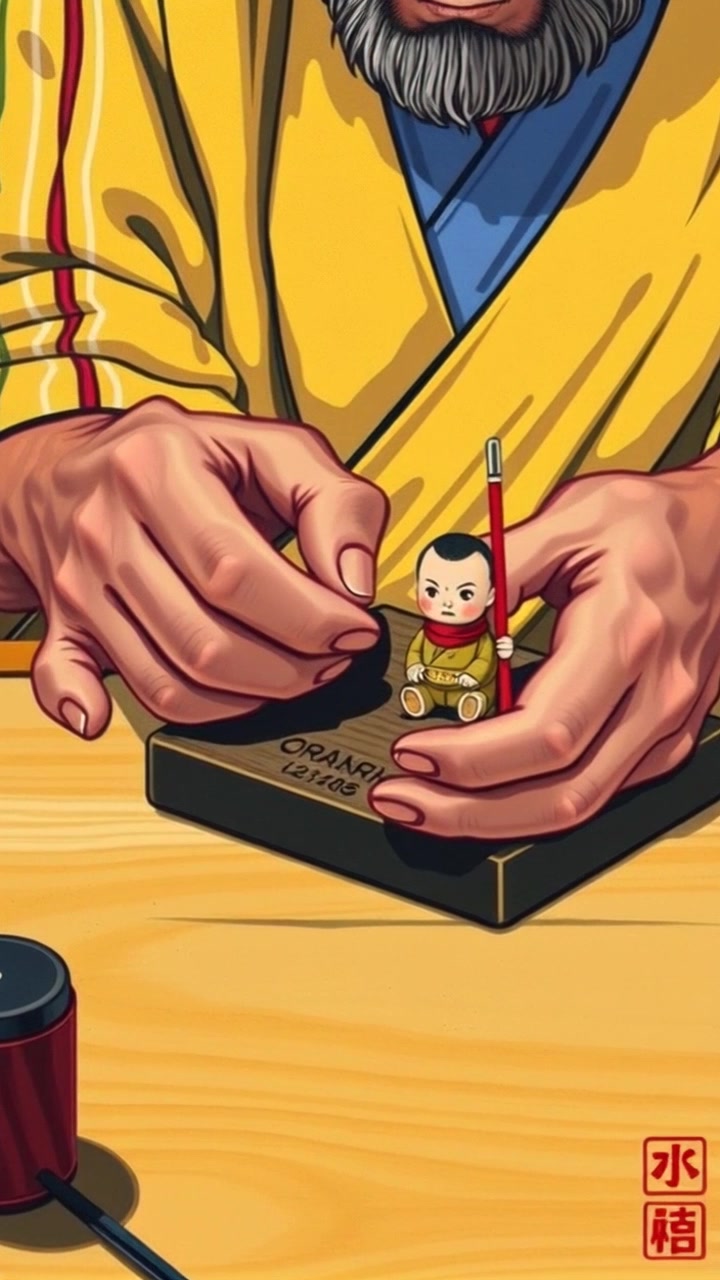 Scene: A close-up of a young boy's hands, gently cradling a weathered toy on a rustic wooden table. Style: Soft, warm lighting creates a nostalgic atmosphere, emphasizing the texture of the worn toy and the grain of the wood. Motion: The camera slowly pushes in to focus on the boy’s hands, capturing the delicate details of his grip as he shifts the toy slightly, inviting viewers into a moment of childhood wonder.
