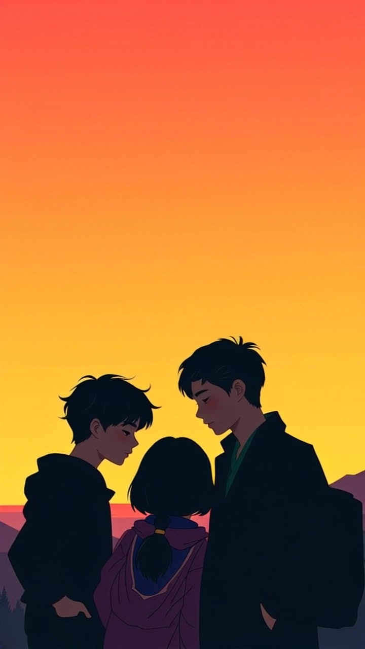 Subject: Group of friends silhouette against the twilight sky, reflecting on their journey. Build: Silhouetted figures, Hair: Not visible, Clothing: Casual/outdoor attire, Body posture: Reflective stance. Scene: Twilight sky backdrop with soft, fading light, creating a serene and contemplative atmosphere. Camera Language: Slow push in towards the friends, emphasizing their connection in the fading light. Lighting: Ambient twilight glow with subtle gradients. Atmosphere: Reflective, contemplative, serene.