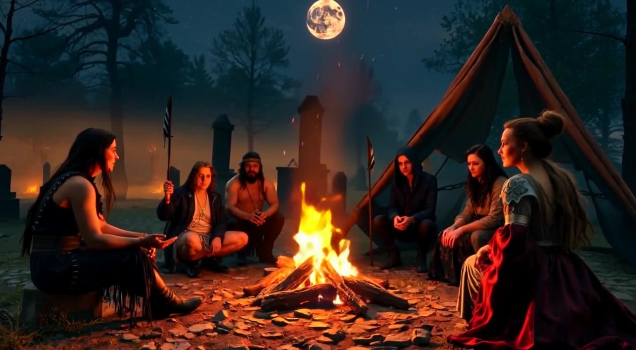 People gather around a flickering fire, exchanging animated gestures and lively expressions under the starry night sky.