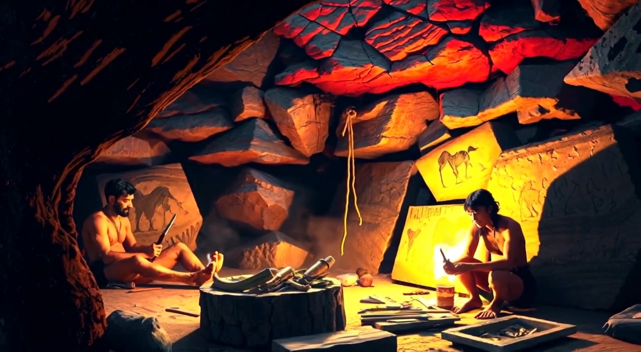 A person gently paints on the cave wall as flickering firelight dances around the dimly lit space.