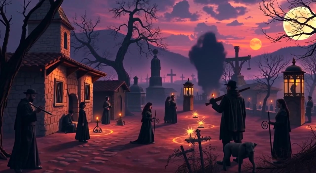 The villagers gather around a fire, exchanging stories as smoke gently rises into the sky above the Stone Age village.