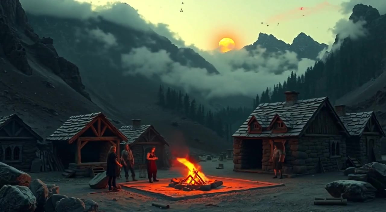 The people gather around the fire, tending it as smoke gently rises into the cool mountain air.