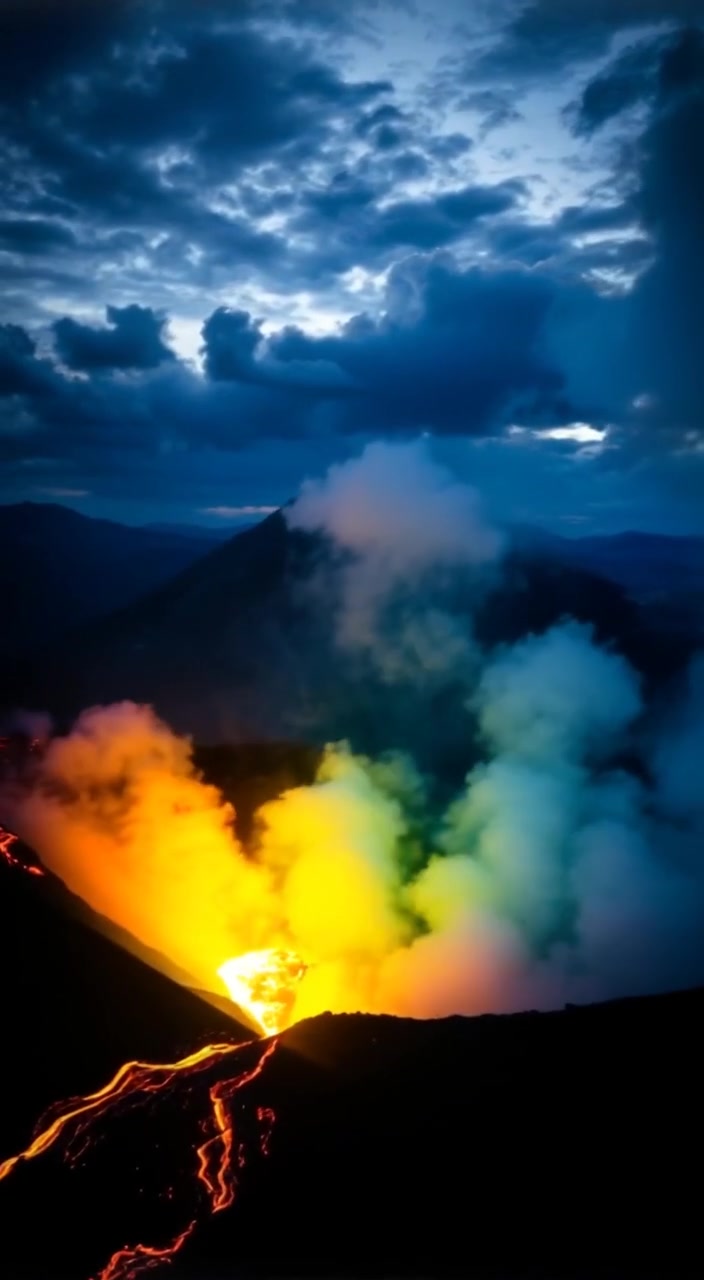 Molten lava gently flows down the volcano, steam rising in the air beneath the cloudy sky.