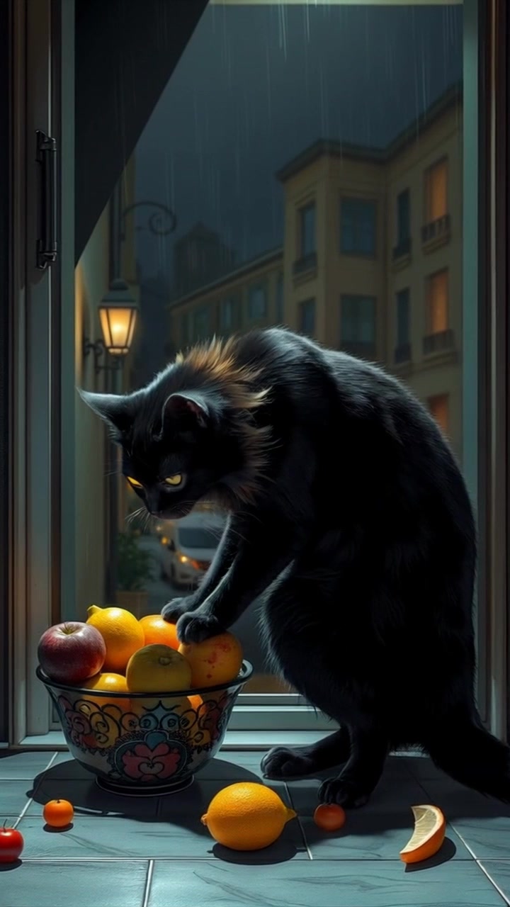 Subject: A mischievous Cat with sleek black fur, mischievously perched on the kitchen counter, while You, a figure with hands on hips, watches disapprovingly. Subject movement: The Cat playfully nudges a bowl of fruit, causing it to teeter and fall. Scene: Cozy kitchen with warm, inviting lighting and scattered fruit on the countertop. Camera language: Slow dolly in on the Cat's playful antics, capturing the tension between the characters. Lighting: Soft, morning light streaming through the window. Atmosphere: Light-hearted mischief and domestic drama.