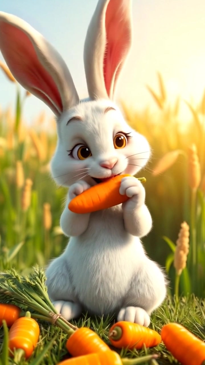 A happy गोलू munching on a carrot, sitting on a patch of grass with a few carrots scattered around him.