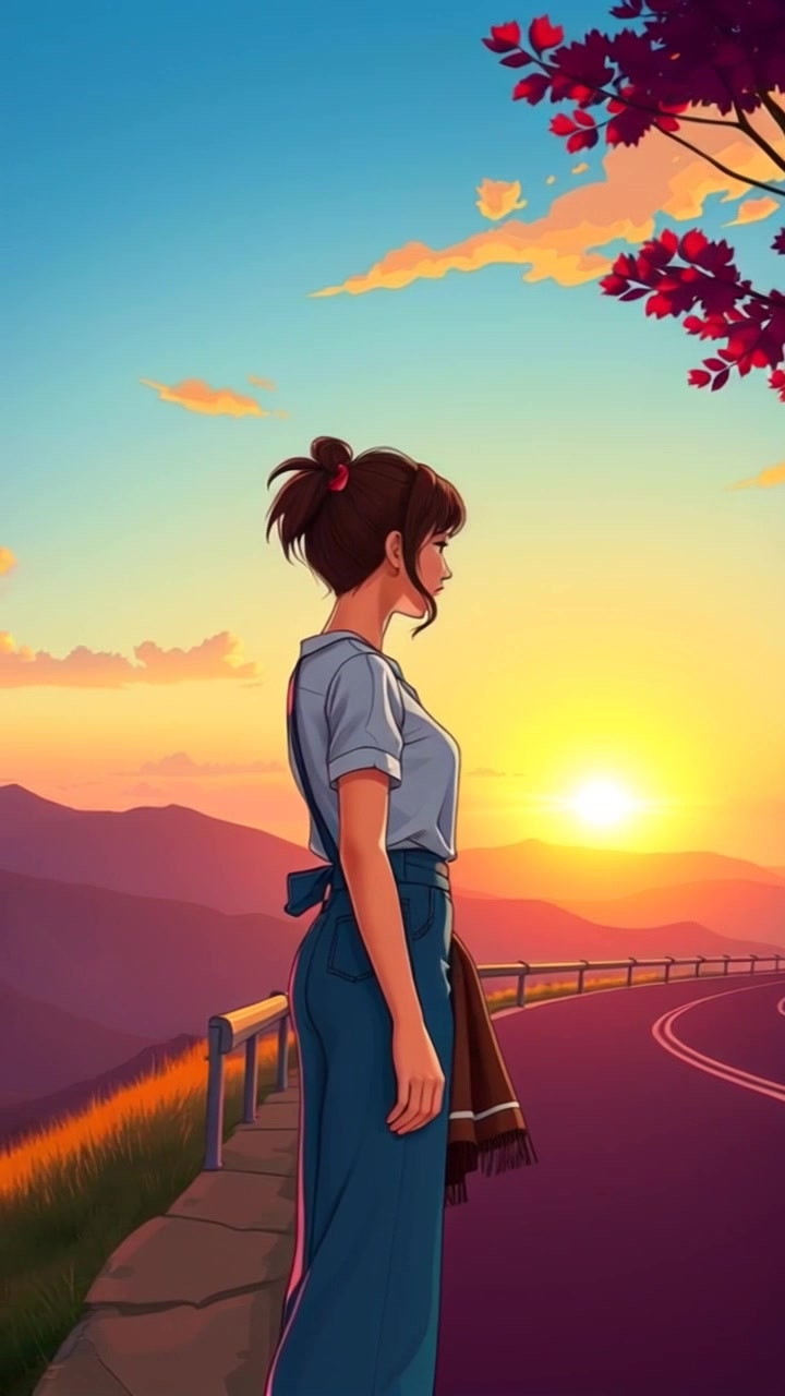 Scene: A tranquil sunset view over rolling hills beside a winding road. Style: Warm, golden-hour light bathing the landscape in soft hues of orange and pink. Motion: Camera slowly pushes in from a distance, capturing the serene beauty of the sunset and gently transitioning to a closer view of the hills as shadows deepen.