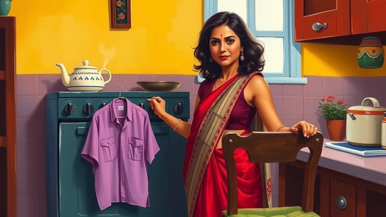 Subject: A woman standing in a kitchen, preparing chai on the stove. Subject movement: She stirs the chai as it simmers, moving gracefully between the stove and the ingredients. Scene: Cozy kitchen setting with a dirty shirt hanging on a chair in the background. Style: Warm, inviting lighting creating a homely atmosphere. Motion: The camera slowly approaches, capturing the woman’s focused expressions while subtly panning to include details of the steaming chai and the inviting kitchen space.