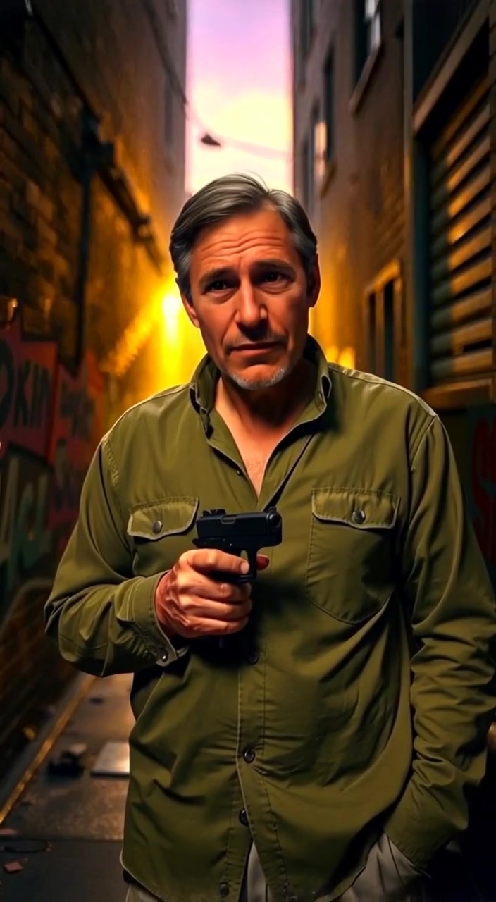 Rain gently falls in the dark alley as the detective's breath fogs in the cold air.