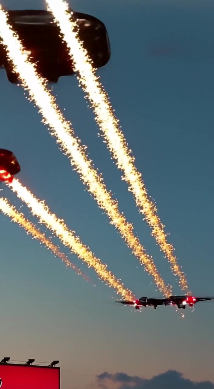 Flying cars gently zoom past in a twilight sky, leaving bright light trails behind them, creating a mesmerizing spectacle.