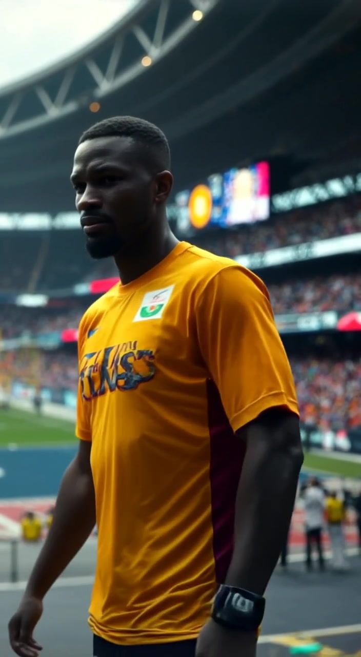 The man walks confidently away from the stadium, a subtle smile of victory forming on his face.