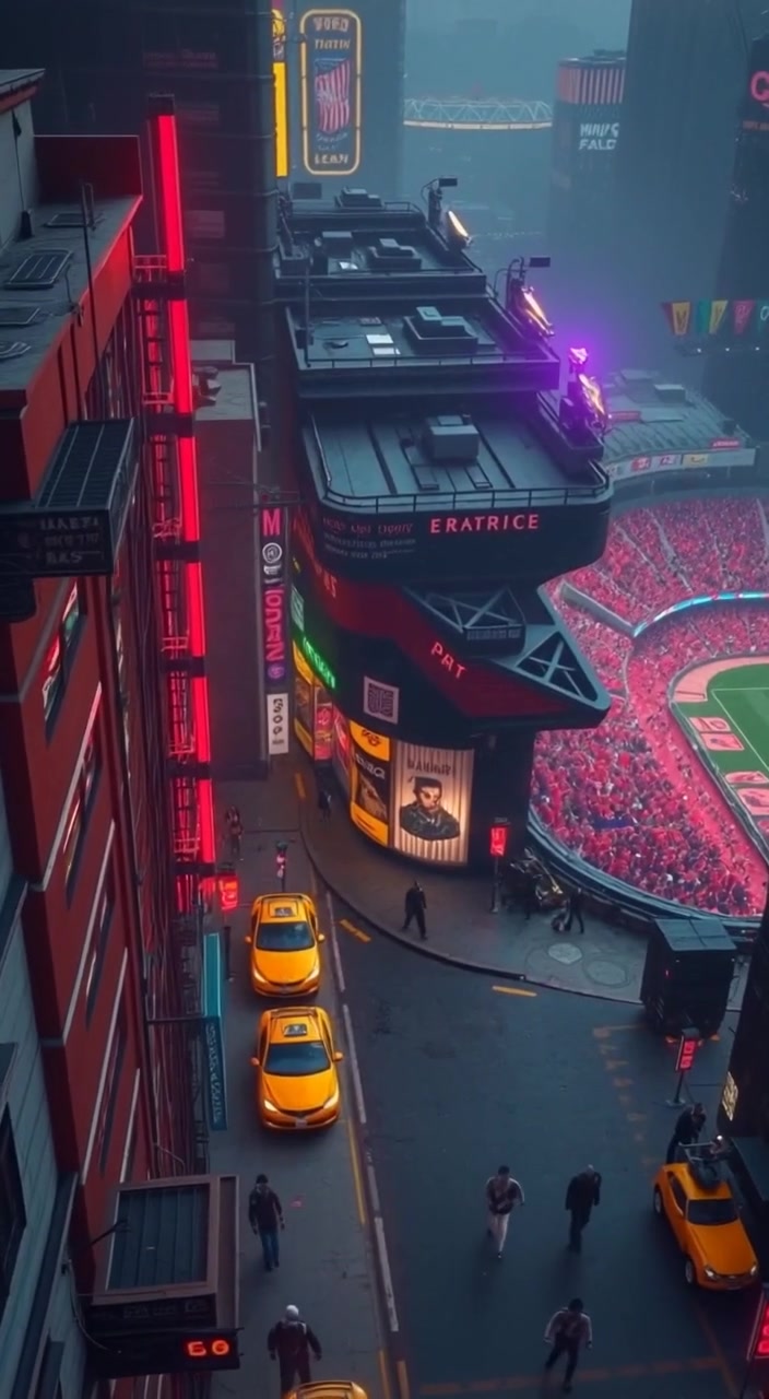 The camera glides over a bustling cityscape, moving towards a stadium filled with cheering fans beneath a bright sky.